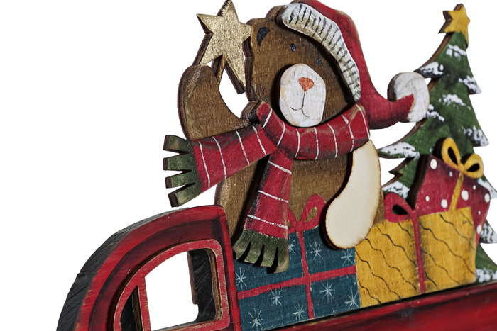DKD Home Decor Decoración Pared Navidad Tradicional Rojo Azul Madera Coche Oso 7 x 20 x 30 cm (4 Unidades)