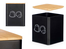Kinvara Tarro Cuadrado Tapa Bambú Portacápsulas Negro Metal Acero 14x16x14 cm (Set de 12)