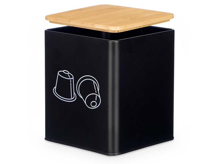 Kinvara Tarro Cuadrado Tapa Bambú Portacápsulas Negro Metal Acero 14x16x14 cm (Set de 12)
