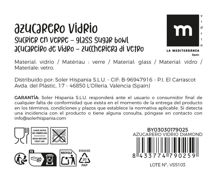 Inde Azucarero Vidrio Diamond La Mediterranea, Cristal, 10,7 cm x 9,1 cm x 10,7 cm (24 Unidades)