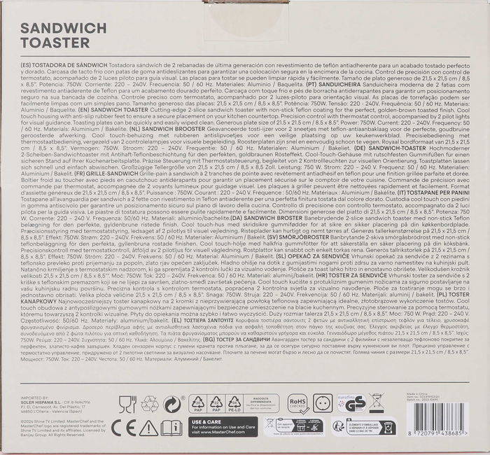 Masterchef Sandwichera 750W, Placas Antiadherentes, 26 x 12 x 26 cm (6 Unidades)