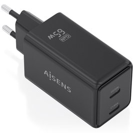 Aisens Cargador de Pared GaN 65W ASCH-65W2P079-BK con 2 Puertos USB-C PD3.0 QC4.0, Negro, Compatible con Portátiles y Smartphones