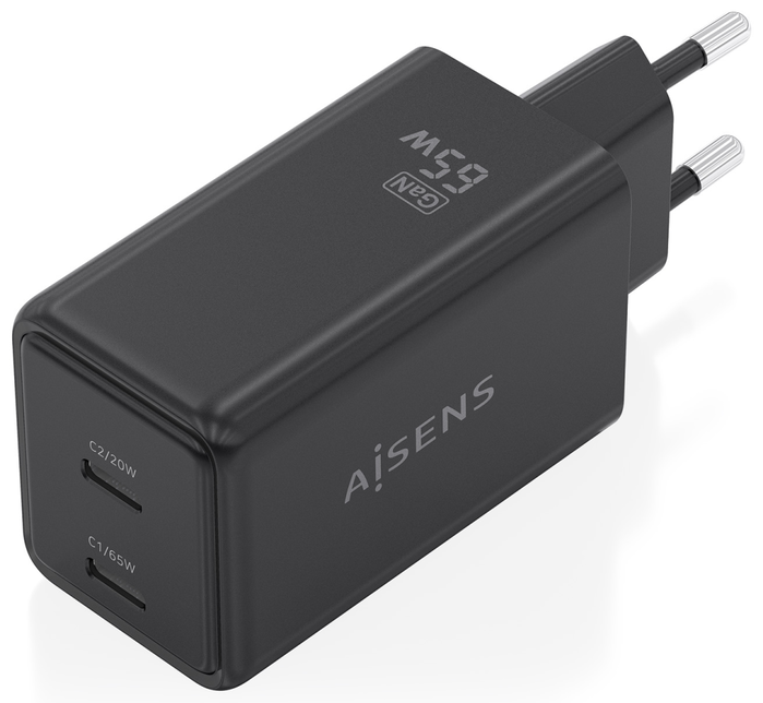 Aisens Cargador GaN 65W con 2x USB-C PD3.0 QC4.0, Negro