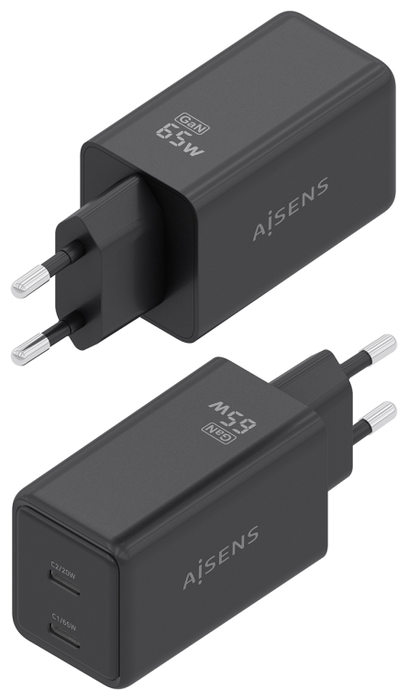 Aisens Cargador GaN 65W con 2x USB-C PD3.0 QC4.0, Negro