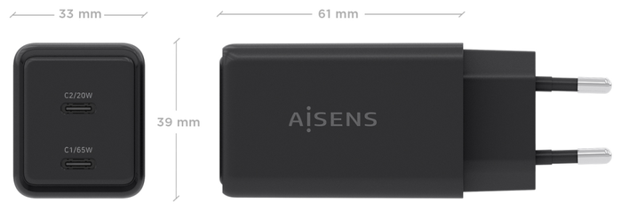 Aisens Cargador GaN 65W con 2x USB-C PD3.0 QC4.0, Negro