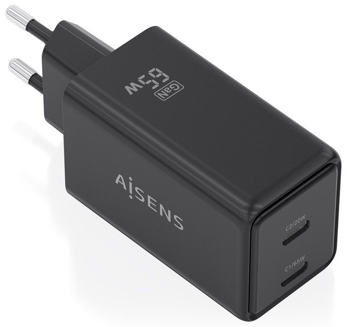 Aisens Cargador GaN 65W con 2x USB-C PD3.0 QC4.0, Negro