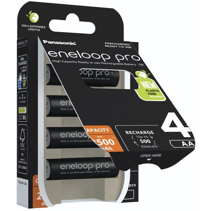 Panasonic Eneloop Pro Mignon 2500mAh AA Ni-MH BK-3HCDE/4BE, pack de 4