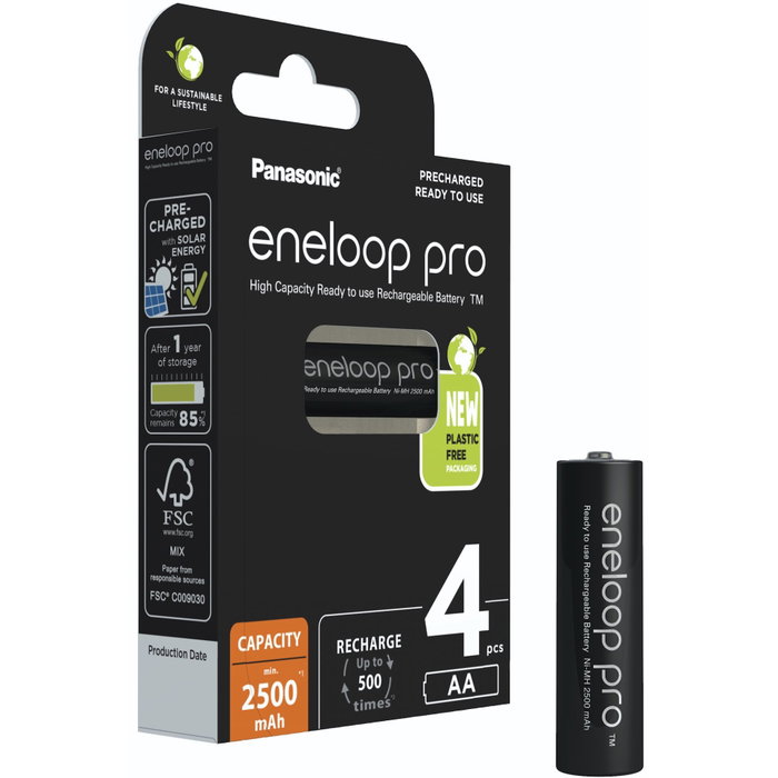 Panasonic Eneloop Pro Mignon 2500mAh AA Ni-MH BK-3HCDE/4BE, pack de 4