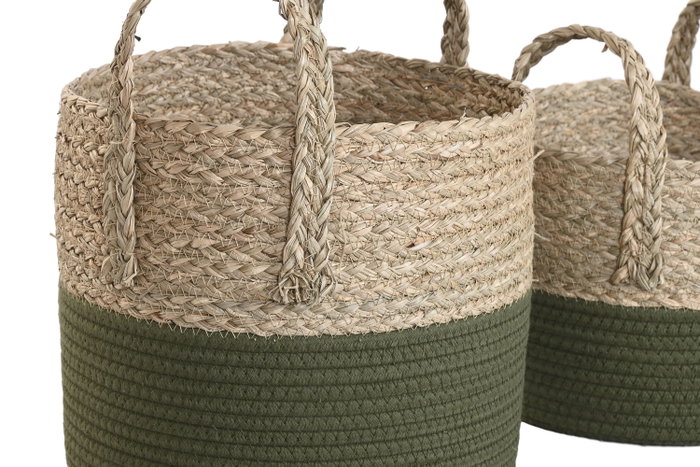DKD Home Decor Set de 3 Cestas de Fibra y Algodón Verde y Natural 28x28x32 cm