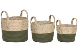 DKD Home Decor Set de 3 Cestas de Fibra y Algodón Verde y Natural 28x28x32 cm