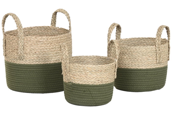 DKD Home Decor Set de 3 Cestas de Fibra y Algodón Verde y Natural 28x28x32 cm