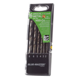 Bluemaster Juego 6 brocas HSS-CO Stepcut Ø2-8 mm, triple plano amarre antideslizante, DIN 338