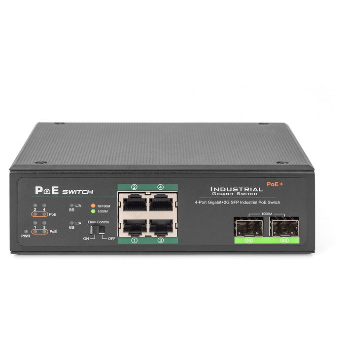 Digitus Conmutador PoE Industrial No Gestionado, 4 Puertos Gigabit Ethernet, 2 SFP Uplink, Montaje Carril DIN, 120W Presupuesto PoE, -40 a 75 grados C