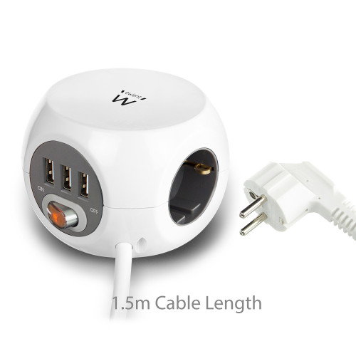 Ewent EW3939 Regleta Cúbica con 3 Tomas y 3 Puertos USB Blanco