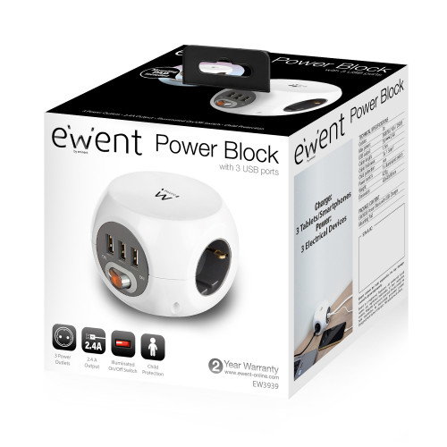 Ewent EW3939 Regleta Cúbica con 3 Tomas y 3 Puertos USB Blanco