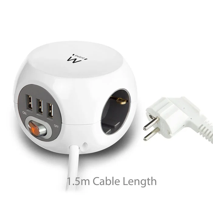 Ewent EW3939 Base Regleta Cubo 1,5m con 3 Tomas AC + 3 Puertos USB (2.4A Total) - Protección Niños, Interruptor, Blanco