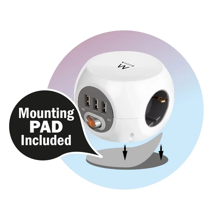 Ewent EW3939 Base Regleta Cubo 1,5m con 3 Tomas AC + 3 Puertos USB (2.4A Total) - Protección Niños, Interruptor, Blanco