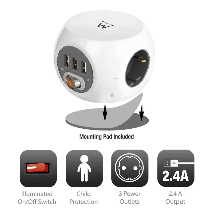 Ewent EW3939 Base Regleta Cubo 1,5m con 3 Tomas AC + 3 Puertos USB (2.4A Total) - Protección Niños, Interruptor, Blanco