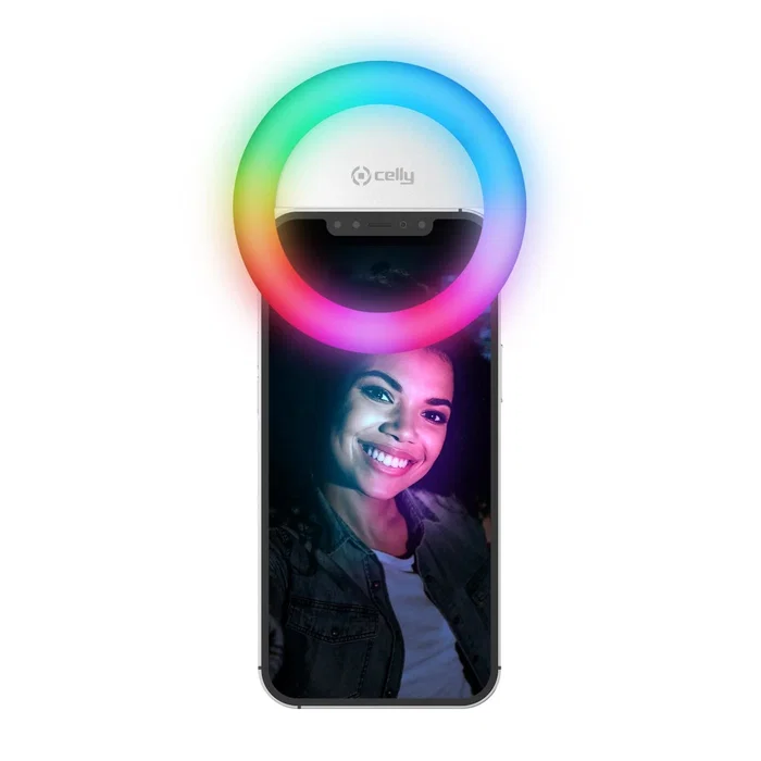 Celly CLICKLIGHTRGBWH Luz Selfie RGB con Clip para Smartphones Universal, 3 Niveles de Intensidad y Modos Dinámicos, Blanco, Portátil, Cargable vía Micro USB