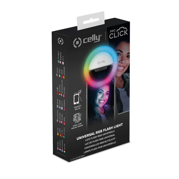 Celly CLICKLIGHTRGBWH Luz Selfie RGB con Clip para Smartphones Universal, 3 Niveles de Intensidad y Modos Dinámicos, Blanco, Portátil, Cargable vía Micro USB