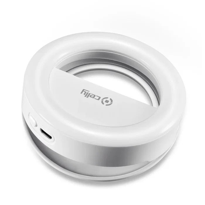 Celly CLICKLIGHTRGBWH Luz Selfie RGB con Clip para Smartphones Universal, 3 Niveles de Intensidad y Modos Dinámicos, Blanco, Portátil, Cargable vía Micro USB