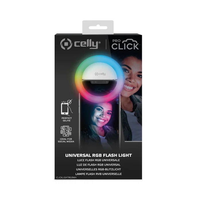 Celly CLICKLIGHTRGBWH Luz Selfie RGB con Clip para Smartphones Universal, 3 Niveles de Intensidad y Modos Dinámicos, Blanco, Portátil, Cargable vía Micro USB