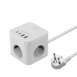 Mars Gaming MDCUBE35W Cargador Multienchufe Cubo con GaN 35W, 3 Enchufes SCHUKO + 4 Puertos USB (2 USB-C), Blanco, 1.8m Cable