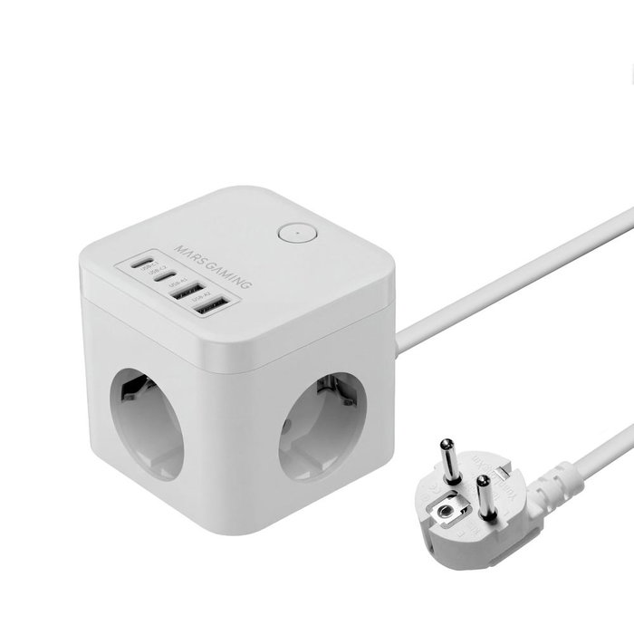 Mars Gaming MDCUBE35W Cargador Multienchufe Cubo con GaN 35W, 3 Enchufes SCHUKO + 4 Puertos USB (2 USB-C), Blanco, 1.8m Cable Mars Gaming MDCUBE35W Cargador Multienchufe Cubo con GaN 35W, 3 Enchufes SCHUKO + 4 Puertos USB (2 USB-C), Blanco, 1.8m Cable