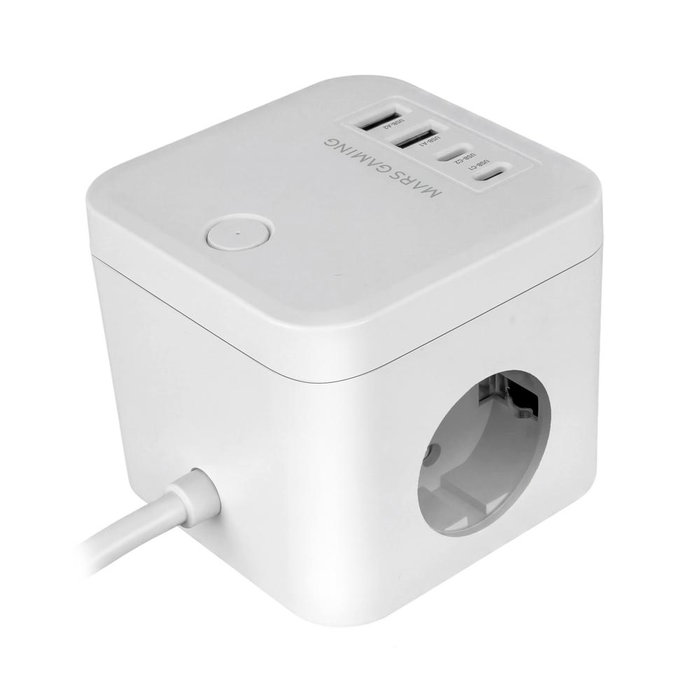 Mars Gaming MDCUBE35W Cargador Multienchufe Cubo con GaN 35W, 3 Enchufes SCHUKO + 4 Puertos USB (2 USB-C), Blanco, 1.8m Cable Mars Gaming MDCUBE35W Cargador Multienchufe Cubo con GaN 35W, 3 Enchufes SCHUKO + 4 Puertos USB (2 USB-C), Blanco, 1.8m Cable