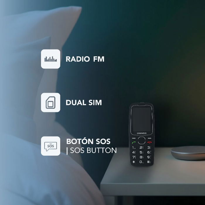 Daewoo Senior Teléfono Móvil con Pantalla 2.4", Base de Carga, Cámara, Radio FM, Botón SOS, Linterna, Negro