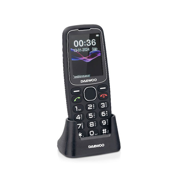 Daewoo Senior Teléfono Móvil con Pantalla 2.4", Base de Carga, Cámara, Radio FM, Botón SOS, Linterna, Negro