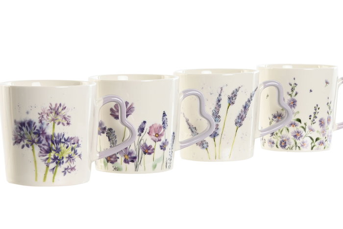DKD Home Decor Juego de Tazas de Porcelana Lavanda 400ml, Malva y Blanco, Pack de 12