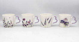 DKD Home Decor Juego de Tazas de Porcelana Lavanda 400ml, Malva y Blanco, Pack de 12