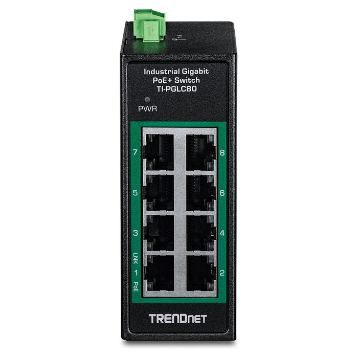 TRENDnet TI-PGLC80 Switch Industrial 8 Puertos Gigabit PoE+ No Administrado Montaje en Carril DIN - Negro