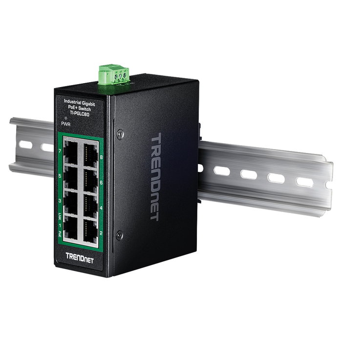 TRENDnet TI-PGLC80 Switch Industrial 8 Puertos Gigabit PoE+ No Administrado Montaje en Carril DIN - Negro