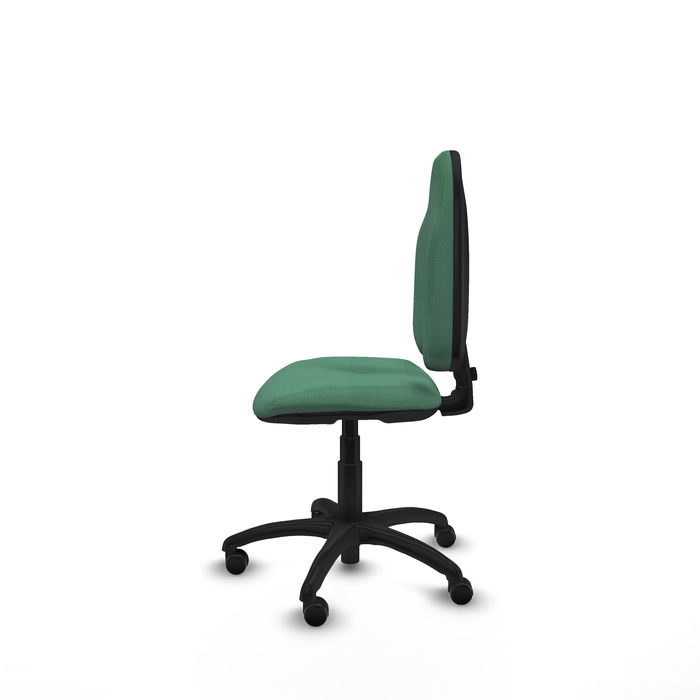 Silla de oficina Algarra con mecanismo Contacto permanente básico tapizada con Tela color Verde esmeralda. Equipada con Base poliamida negra, Sin brazos y Ruedas de parqué