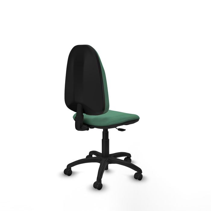 Silla de oficina Algarra con mecanismo Contacto permanente básico tapizada con Tela color Verde esmeralda. Equipada con Base poliamida negra, Sin brazos y Ruedas de parqué