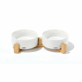 M Pets Cuencos de cerámica con soporte de bambú OPERA Blanco 2x350 ml