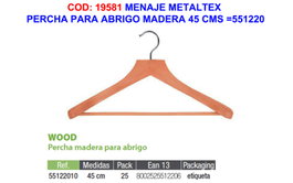 Menaje Metaltex Percha para Abrigo de Madera 45 cm