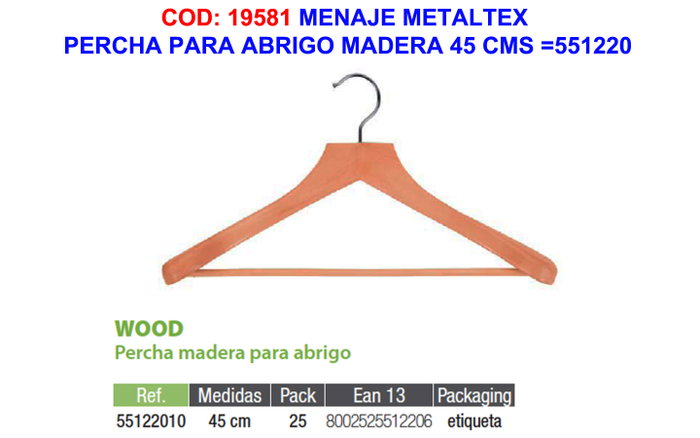 Menaje Metaltex Percha para Abrigo de Madera 45 cm Menaje Metaltex Percha para Abrigo de Madera 45 cm