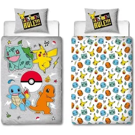 Pokemon Juego de Cama Reversible Pikachu y Starter Gris Microfibra 140x200cm + 1 Funda Almohada 63x63cm AAARQ16152