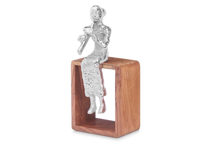Giftdecor Figura Metal Flauta Plata con Soporte Madera 13 x 27 x 13 cm (Set de 6)