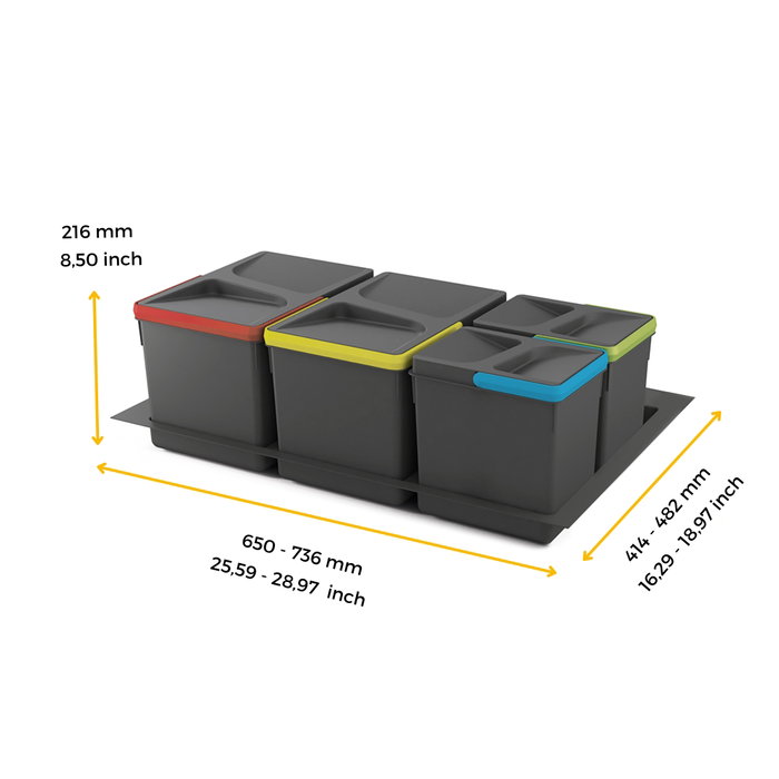 Emuca Kit de contenedores de reciclaje para cajón de cocina con base Recycle altura 216mm, 2x12litros, 2x6litros, módulo 800mm, Plástico gris antracita Emuca Kit de contenedores de reciclaje para cajón de cocina con base Recycle altura 216mm, 2x12litros, 2x6litros, módulo 800mm, Plástico gris antracita