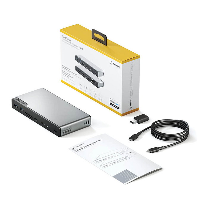 ALOGIC DV4 Dock Station 14-en-1 USB-C Hub con Quad Display 4K @60Hz, 100W PD, Gigabit Ethernet, Lectora SD, 4x USB, Audio - Gris ALOGIC DV4 Dock Station 14-en-1 USB-C Hub con Quad Display 4K @60Hz, 100W PD, Gigabit Ethernet, Lectora SD, 4x USB, Audio - Gris
