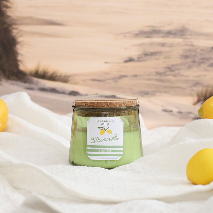 Home Deco Factory Vela Citronela Tarro Vidrio Corcho Bain De Soleil Cera Parafina 200g Duración 25h