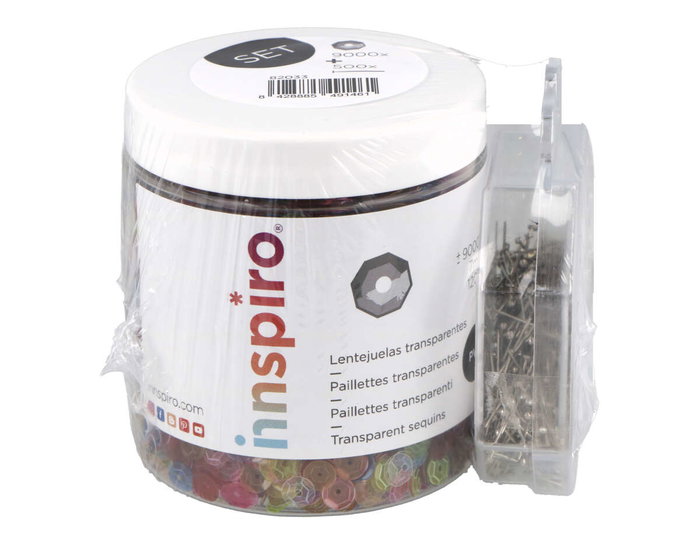 Innspiro Set de Lentejuelas Transparentes de 7mm (120g) y Alfileres de Punta Roma (500u)