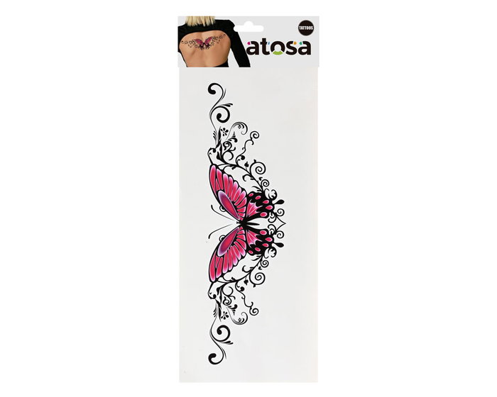 Tatuaje temporal de mariposa rosa con motivos decorativos negros para espalda