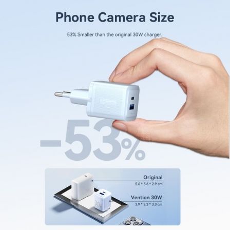 Vention FEQL0-EU Cargador de Pared GaN 30W con 1xUSB Tipo-C y 1xUSB