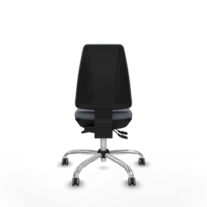 Silla de oficina Elche con mecanismo Asincro tapizada con Tela color Gris. Equipada con Base cromada, Sin brazos y Ruedas 65 mm parqué