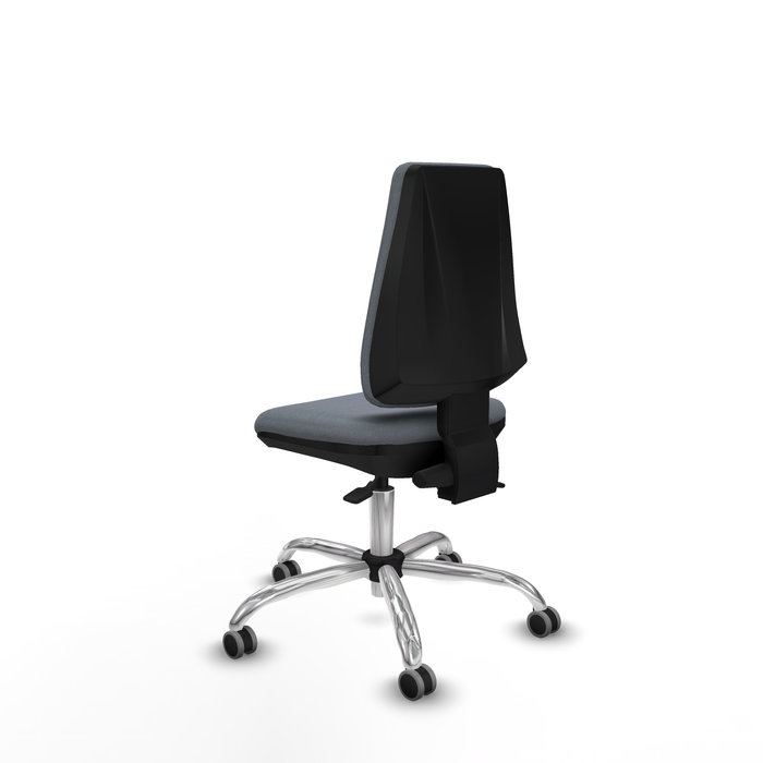 Silla de oficina Elche con mecanismo Asincro tapizada con Tela color Gris. Equipada con Base cromada, Sin brazos y Ruedas 65 mm parqué